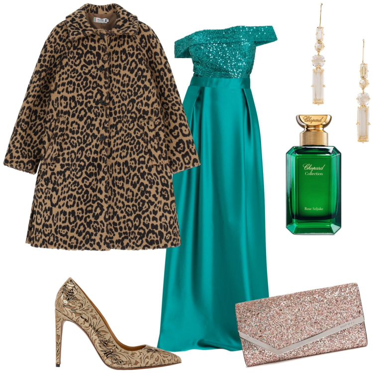 Outfit donna - La mia idea di prima alla Scala. Stile Glamour per Serata fuori. Abbinamento con profumi, vestiti lunghi, cappotti, orecchini, décolleté, pochette.