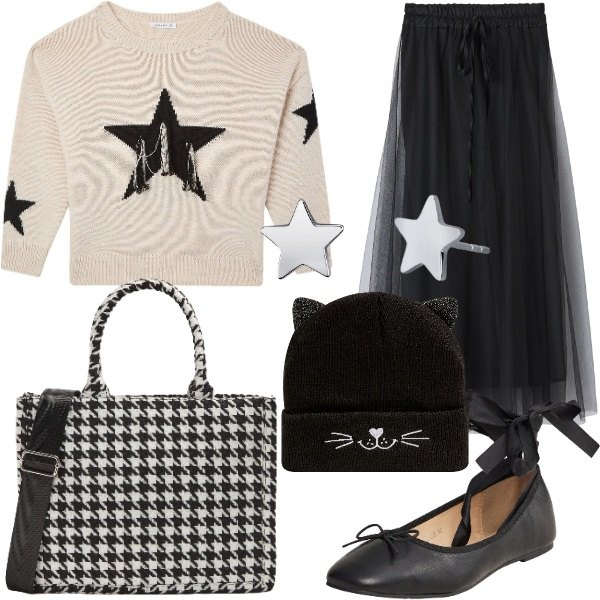 Outfit donna - Total look #2014799. Stile Romantica per Serata fuori. Abbinamento con maglieria, berretti, gonne lunghe, ballerine, shopping bag, orecchini.