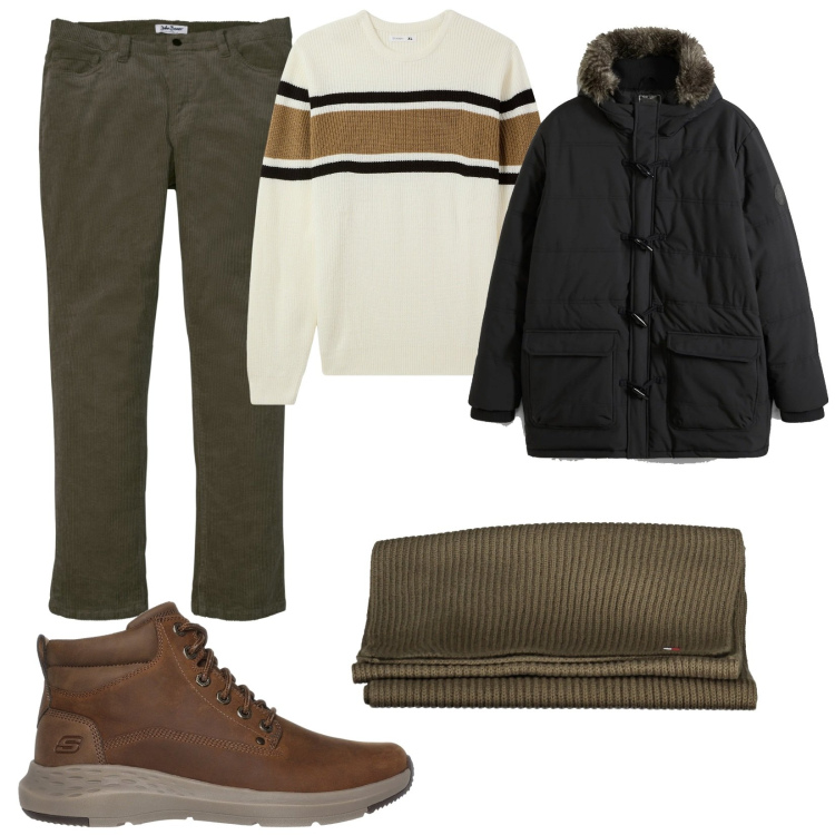 Outfit uomo - Strati invernali. Stile Urban per Tutti i giorni. Abbinamento con pantaloni, piumini, maglieria, stivali e stivaletti, sciarpe.