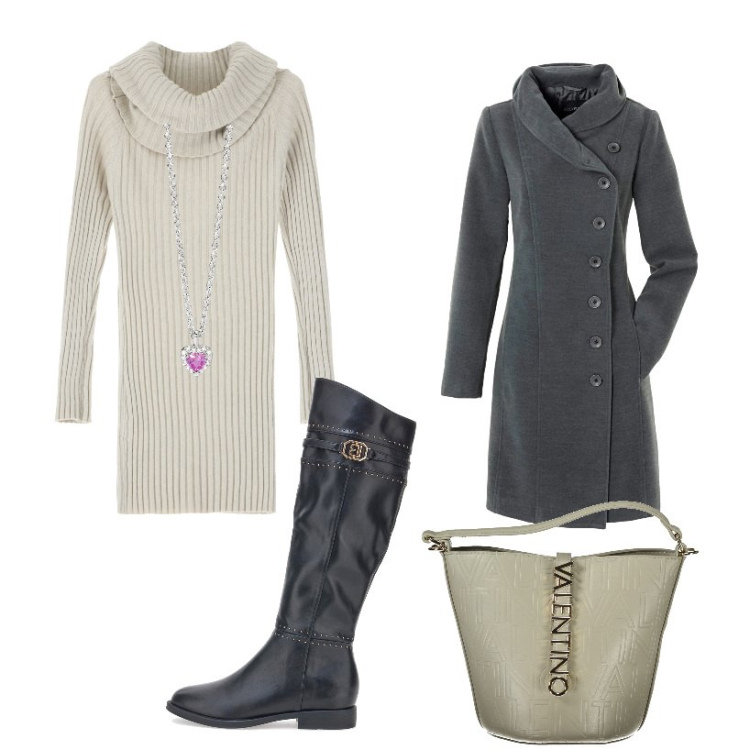 Outfit donna - Abito corto e stivali. Stile Casual per Tutti i giorni. Abbinamento con cappotti, ciondoli, vestiti corti, stivali sopra il ginocchio, borse a mano.