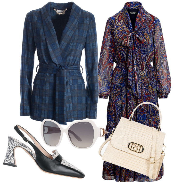 Outfit donna - Un po’ diva un po’ estrosa. Stile Trendy per Ufficio. Abbinamento con décolleté, borse a mano, blazer, occhiali da sole, vestiti.