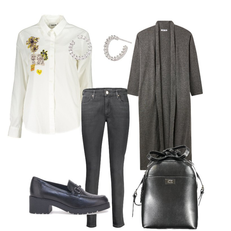 Outfit donna - Casual. Stile Casual per Tutti i giorni. Abbinamento con cardigans, orecchini, mocassini, camicie, jeans skinny, zaini.