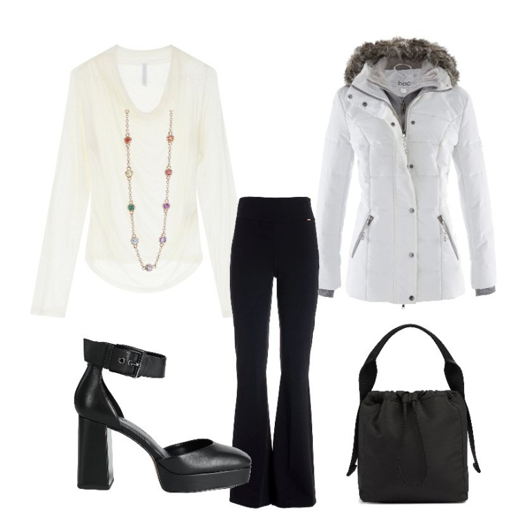 Outfit donna - Bianco e nero. Stile Casual chic per Tutti i giorni. Abbinamento con piumini, décolleté, collane, pantaloni, pullovers, borse a mano.