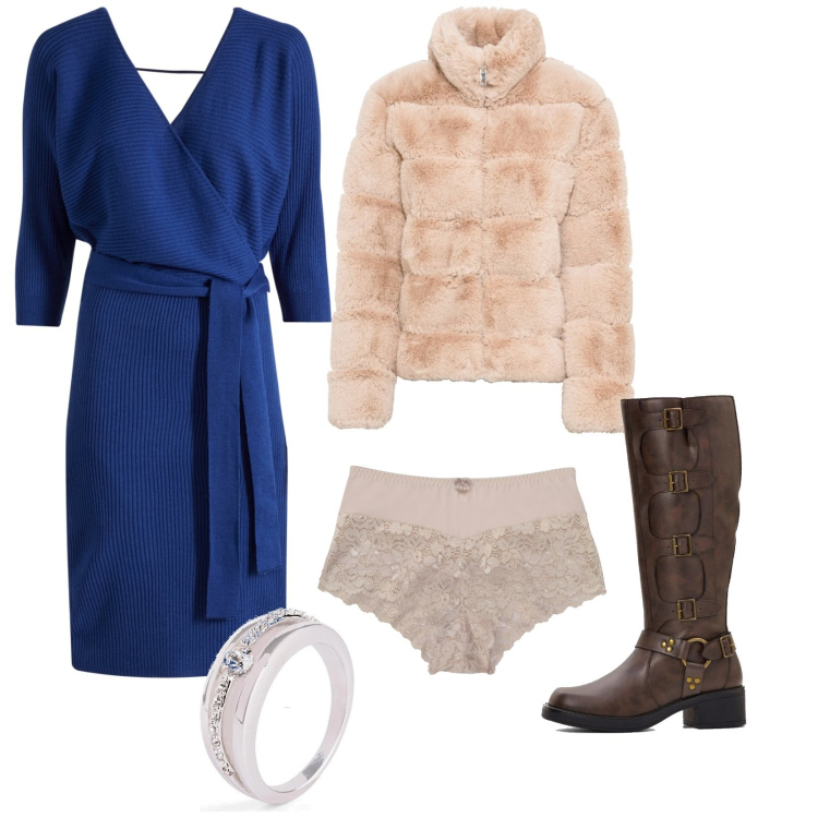 Outfit donna - Bonprix natale. Stile Trendy per Serata fuori. Abbinamento con ecopellicce, culotte, anelli, vestiti, stivali.
