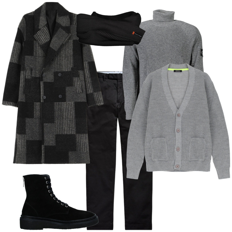 Outfit uomo - Total look #2014814. Stile Trendy per Serata speciale. Abbinamento con stivali e stivaletti, cappotti, cardigans, pantaloni chino, sciarpe, maglieria.