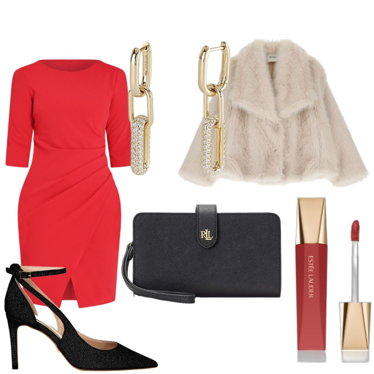Outfit donna - Eleganza avvolgente -Donna Curvy. Stile Chic per Serata fuori. Abbinamento con rossetti, orecchini, vestiti a tubino, décolleté, ecopellicce, pochette.
