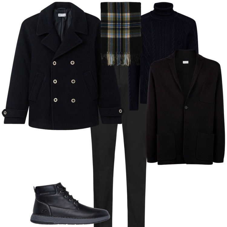 Outfit uomo - Total look #2014817. Stile Trendy per Serata speciale. Abbinamento con pantaloni chino, cappotti, sciarpe, stivali e stivaletti, cardigans, maglieria.