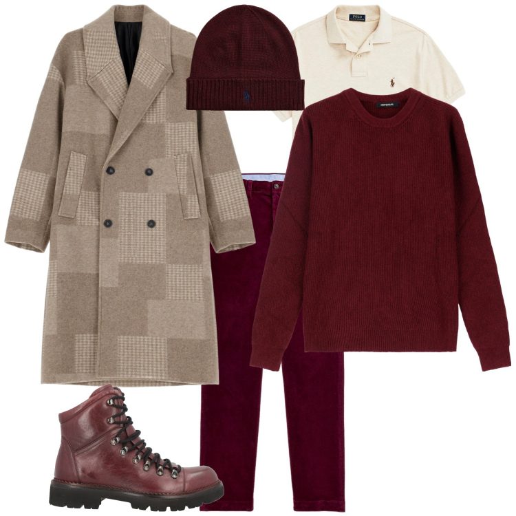 Outfit uomo - Total look #2014822. Stile Trendy per Serata speciale. Abbinamento con anfibi, cappotti, pullovers, berretti, pantaloni, polo.