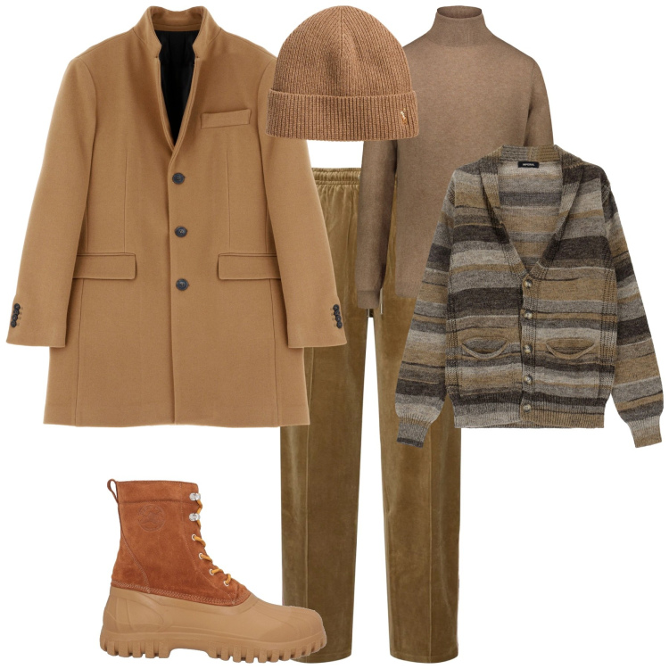 Outfit uomo - Total look #2014825. Stile Trendy per Ufficio. Abbinamento con stivali e stivaletti, cappotti, cardigans, berretti, maglieria, pantaloni.