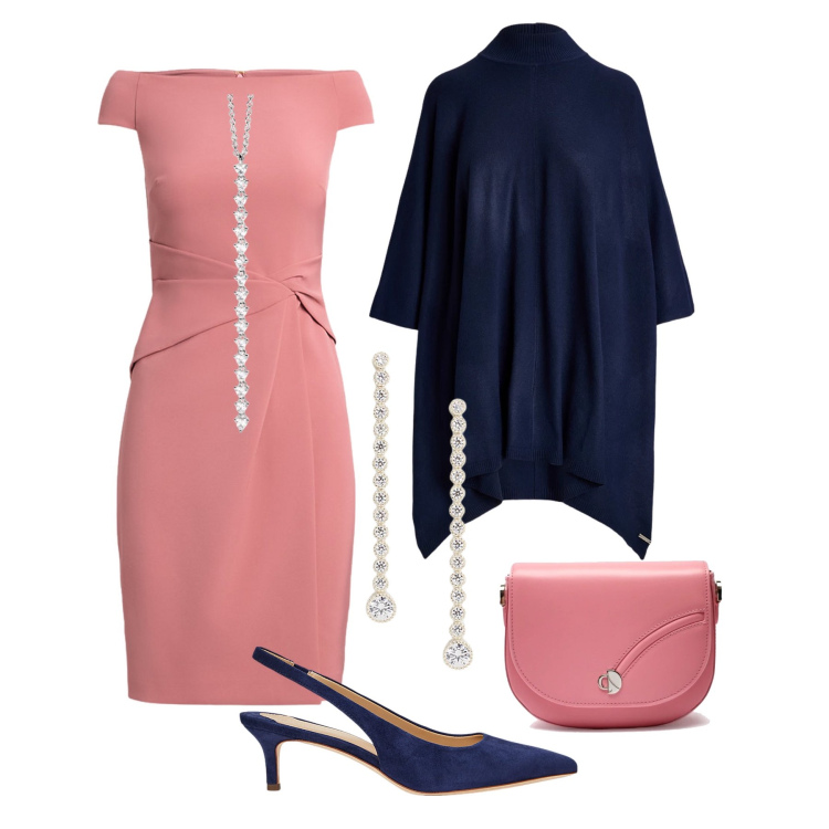 Outfit donna - Serata in rosa blush e blu navy. Stile Chic per Serata fuori. Abbinamento con ciondoli, décolleté, cappotti, vestiti, orecchini, borse a tracolla.