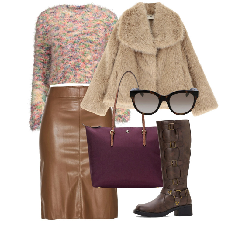 Outfit donna - Winter Wonderland. Stile Chic per Ufficio. Abbinamento con gonne longuette, stivali, ecopellicce, borse tote, maglieria, occhiali da sole.