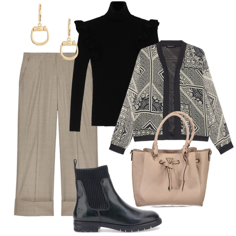 Outfit donna - Power casual con stile in ufficio. Stile Casual chic per Ufficio. Abbinamento con maglieria, orecchini, stivaletti, blazer, pantaloni, borse a spalla.