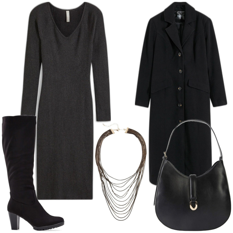 Outfit donna - Pranzo di lavoro. Stile Minimal per Ufficio. Abbinamento con cappotti, stivali, vestiti, collane, borse a tracolla.