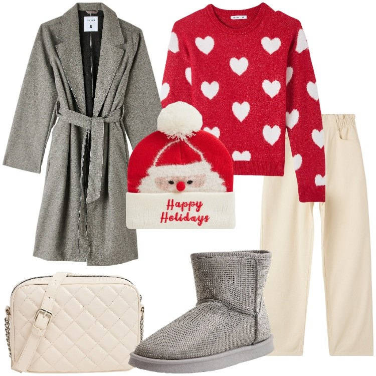 Outfit donna - Terranova - Xmas Edition 2024. Stile Basic per Serata fuori. Abbinamento con stivali, berretti, cappotti, maglieria, pantaloni, borse a tracolla.