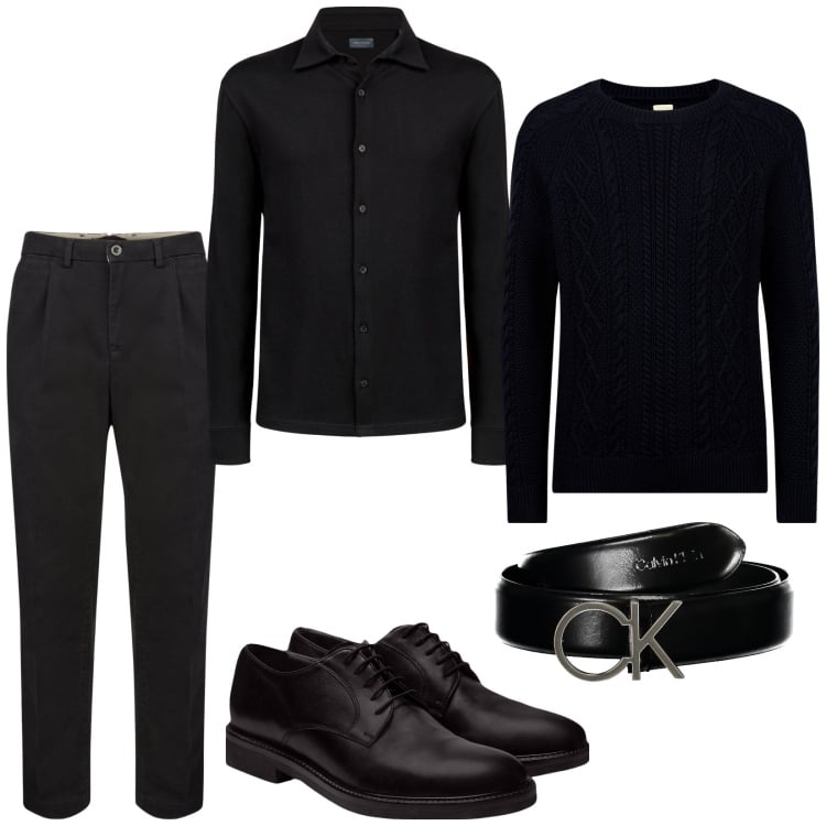 Outfit uomo - Misterioso nero. Stile Business/Elegante per Ufficio. Abbinamento con polo, maglieria, pantaloni, scarpe stringate, cinture.