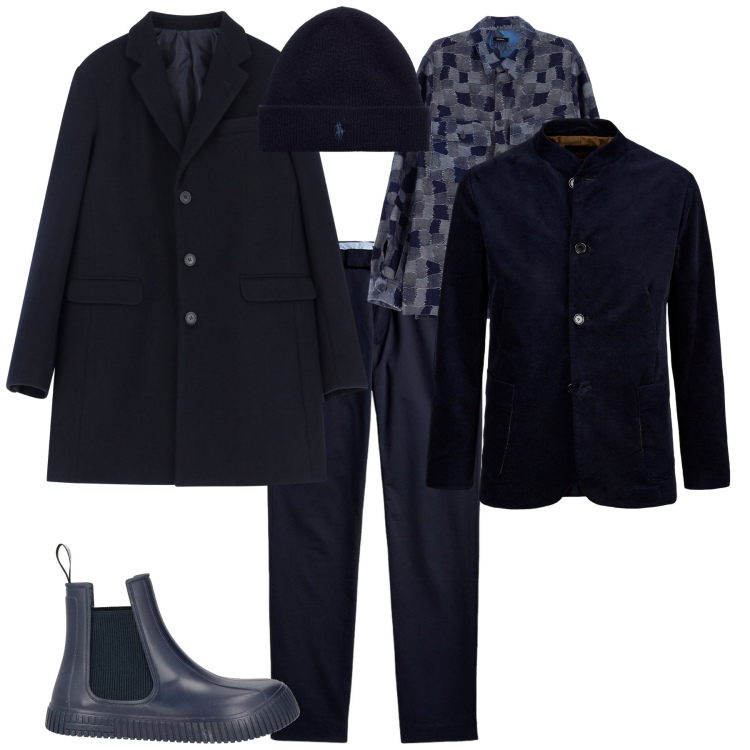 Outfit uomo - Total look #2014843. Stile Trendy per Ufficio. Abbinamento con stivali e stivaletti, cappotti, camicie, pantaloni chino, berretti, giacche.