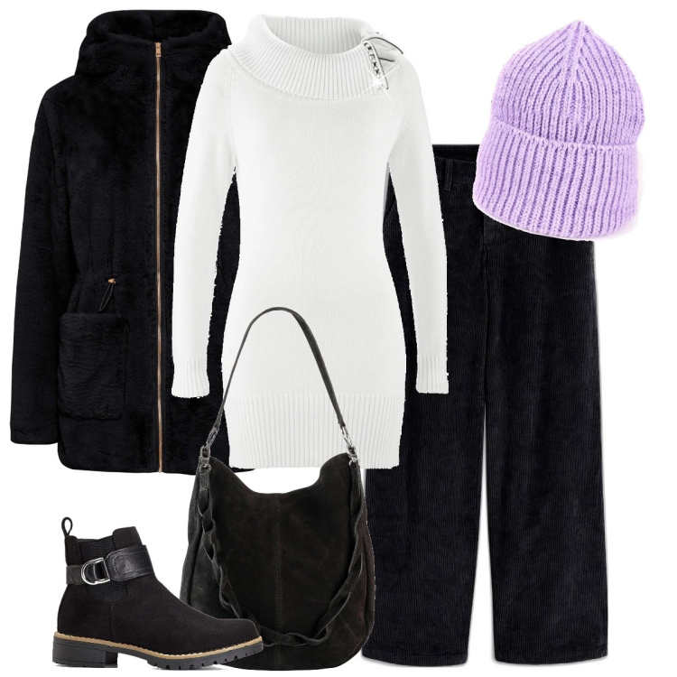 Outfit donna - Winter wonderland. Stile Casual chic per Tutti i giorni. Abbinamento con ecopellicce, stivaletti, pantaloni a palazzo, borse a mano, maglieria, berretti.