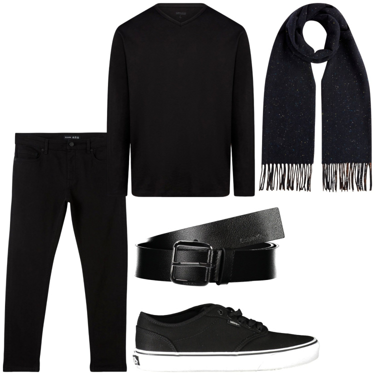 Outfit uomo - Total black evergreen. Stile Urban per Tutti i giorni. Abbinamento con pantaloni skinny, sciarpe, t-shirt, sneakers, cinture.
