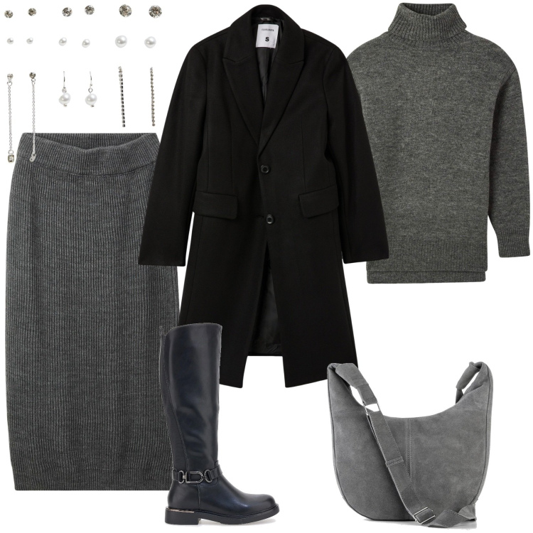Outfit donna - Total look #2014846. Stile Casual per Ufficio. Abbinamento con borse a mano, maglieria, gonne lunghe, cappotti, orecchini, stivali.