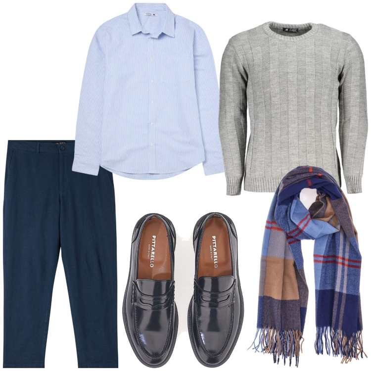Outfit uomo - Pranzo di famiglia. Stile Business/Elegante per Tutti i giorni. Abbinamento con pantaloni, camicie, sciarpe, maglieria, scarpe stringate.
