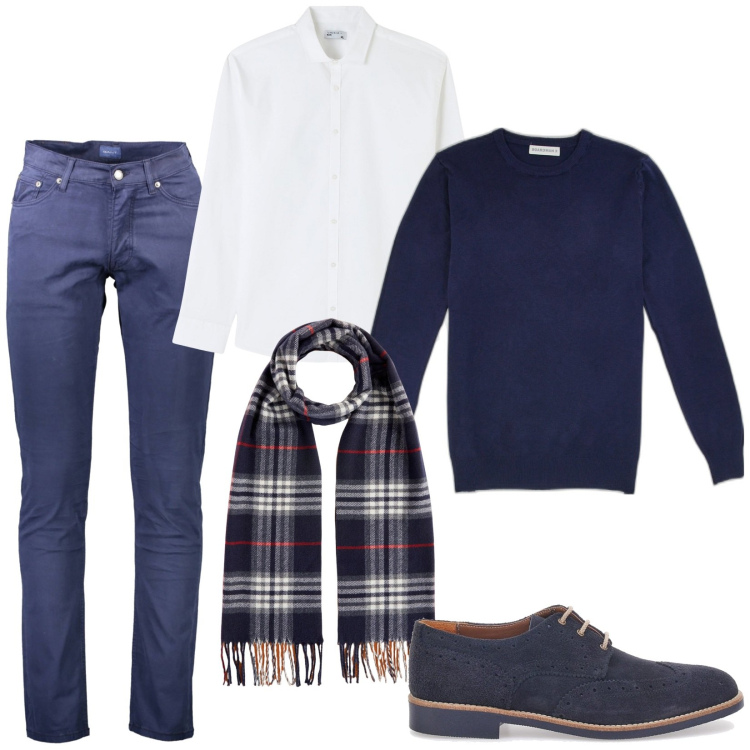 Outfit uomo - Cena tra amici. Stile Business/Elegante per Tutti i giorni. Abbinamento con camicie, scarpe stringate, sciarpe, pullovers, pantaloni.