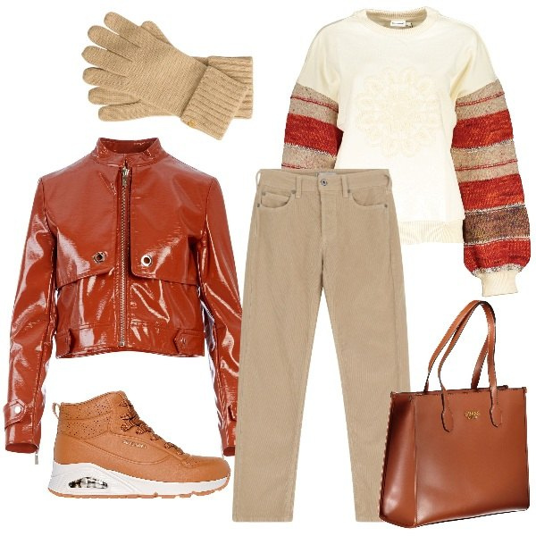 Outfit donna - Il giubbino lucido. Stile Casual per Tutti i giorni. Abbinamento con pantaloni, blazer, guanti, sneakers, borse a spalla, felpe.