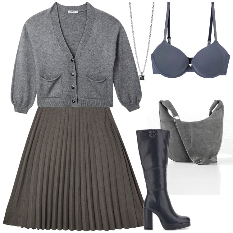 Outfit donna - Total look #2014853. Stile Casual per Ufficio. Abbinamento con borse a mano, cardigans, gonne lunghe, reggiseni push-up, collane, stivali.