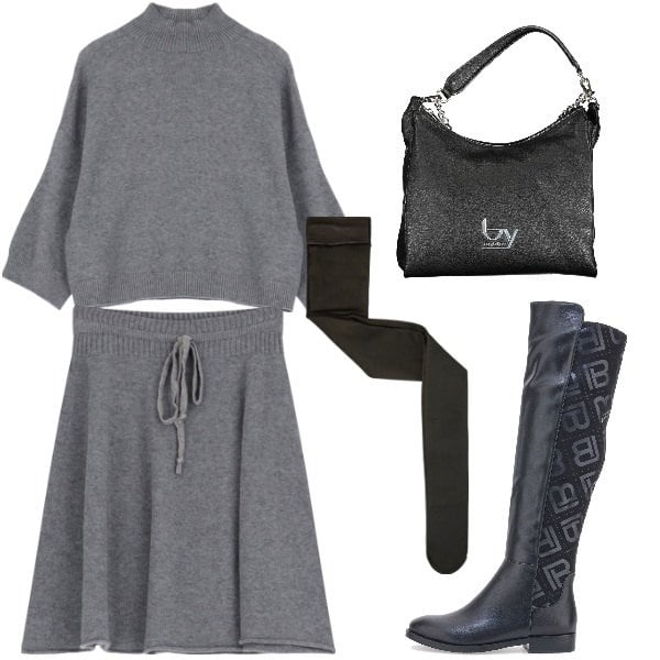 Outfit donna - Completo in felpa con gonna. Stile Casual per Ufficio. Abbinamento con collant, minigonne, pullovers, stivali sopra il ginocchio, borse a spalla.