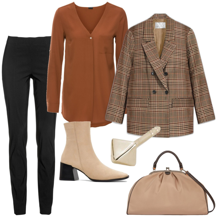Outfit donna - Toni caldi. Stile Chic per Ufficio. Abbinamento con camicie, pantaloni, blazer, stivaletti, orecchini, borse a spalla.