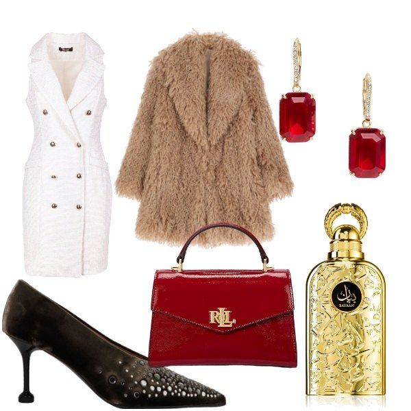 Outfit donna - un Natale di classe. Stile Chic per Serata fuori. Abbinamento con profumi, vestiti senza maniche, ecopellicce, décolleté, borse a mano, orecchini.