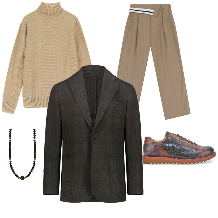 Outfit uomo - Audace. Stile Trendy per Serata speciale. Abbinamento con collane, pantaloni a palazzo, maglieria, scarpe stringate, giacche.