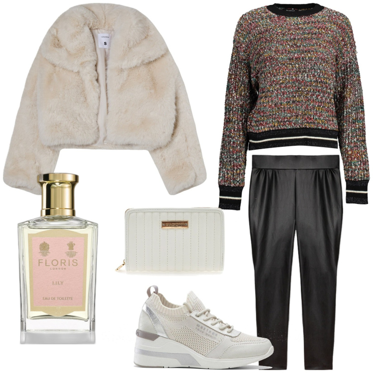 Outfit donna - Floris. Stile Casual chic per Tutti i giorni. Abbinamento con sneakers, profumi, blazer, portafogli, leggings, maglieria.