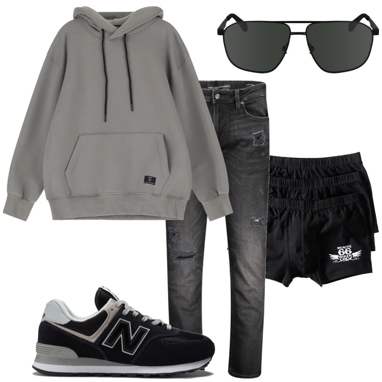 Outfit uomo - Total look #2014871. Stile Urban per Tutti i giorni. Abbinamento con boxer, sneakers, felpe con cappuccio, occhiali da sole, jeans strappati.