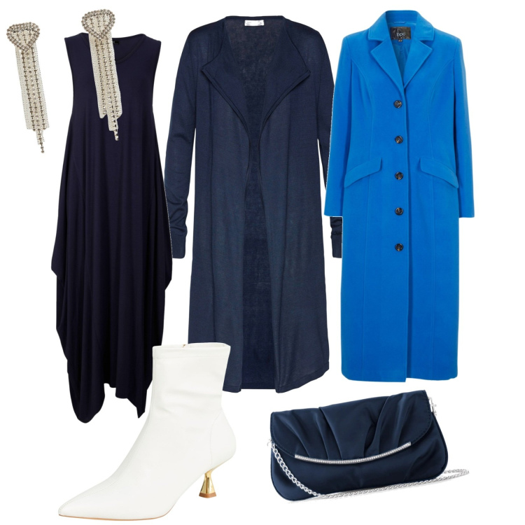 Outfit donna - Iniziano le cene natalizie. per Serata fuori. Abbinamento con vestiti lunghi, pochette, cardigans, cappotti, stivaletti, orecchini.