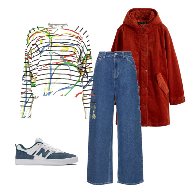 Outfit donna - Color. Stile Casual per Scuola/Università. look ideale per Tall. Abbinamento con parka, sneakers, pantaloni, maglieria.