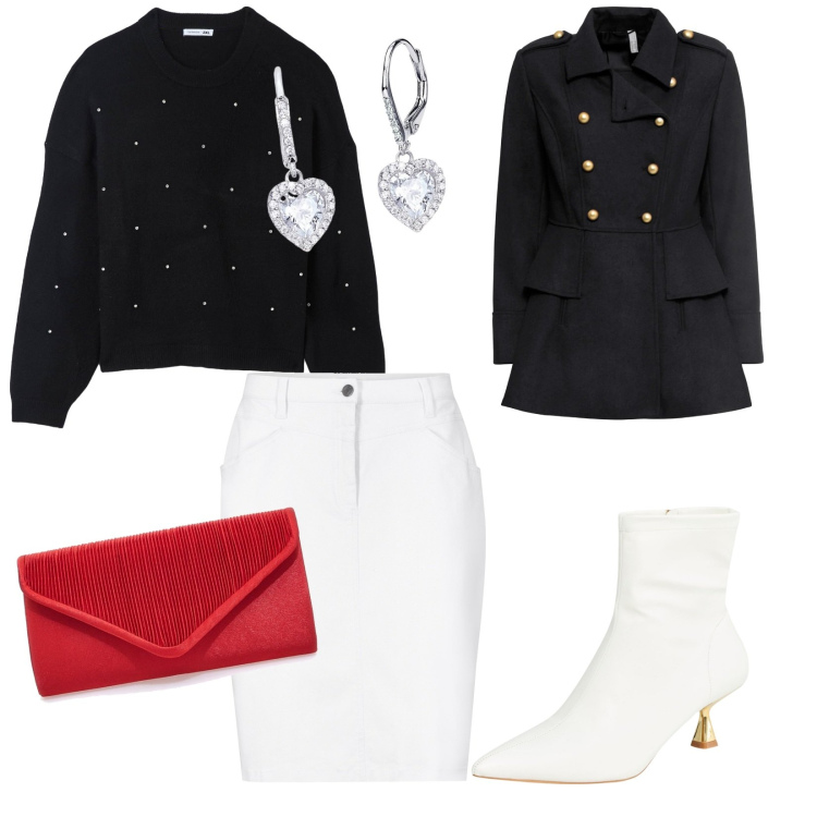 Outfit donna - Cene natalizie. per Serata fuori. Abbinamento con gonne, cappotti, maglieria, stivaletti, orecchini, pochette.