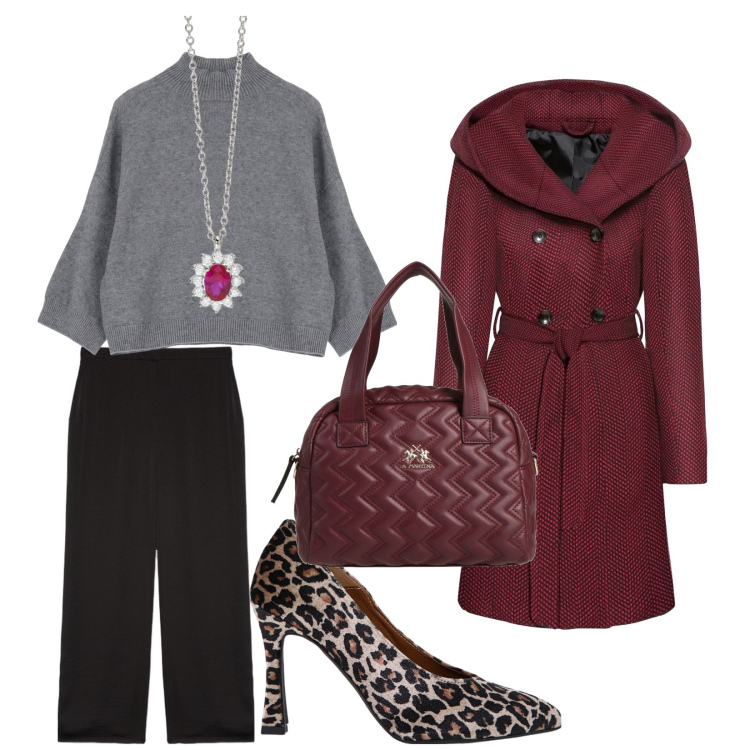 Outfit donna - Cena di natale in ufficio. per Serata fuori. Abbinamento con cappotti, borse a mano, collane, pullovers, décolleté, pantaloni a palazzo.