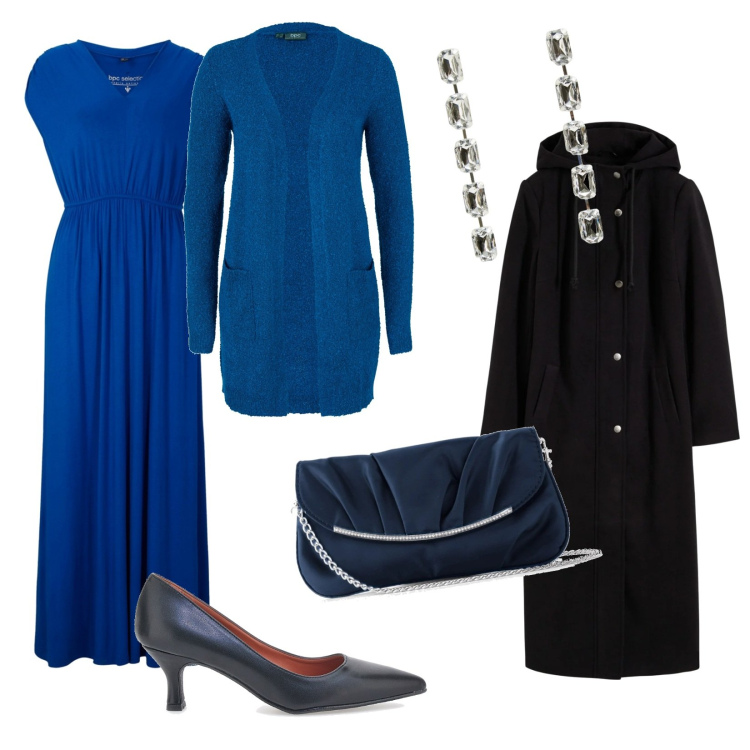 Outfit donna - Cene di natale. per Serata fuori. Abbinamento con pochette, cardigans, cappotti, vestiti lunghi, orecchini, décolleté.