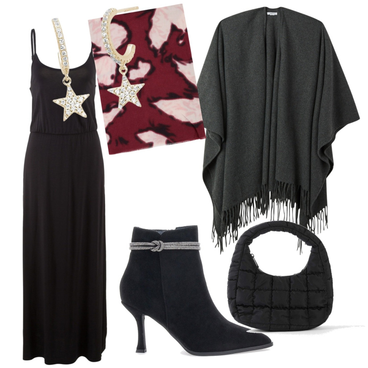 Outfit donna - Cena con amici. per Serata fuori. Abbinamento con vestiti lunghi, borse a mano, stole, orecchini, cappe, stivaletti.