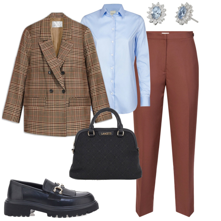 Outfit donna - In ufficio. Stile Mannish per Ufficio. Abbinamento con blazer, orecchini, mocassini, borse a spalla, pantaloni, camicie.