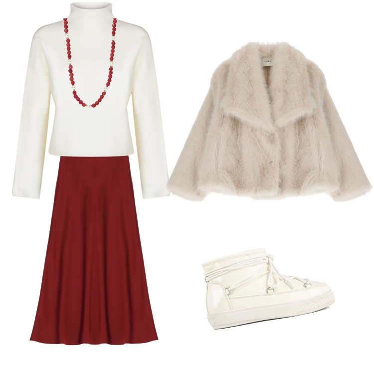 Outfit donna - Winter. Stile Bon Ton per Serata fuori. Abbinamento con collane, gonne lunghe, ecopellicce, stivali da neve, cardigans.