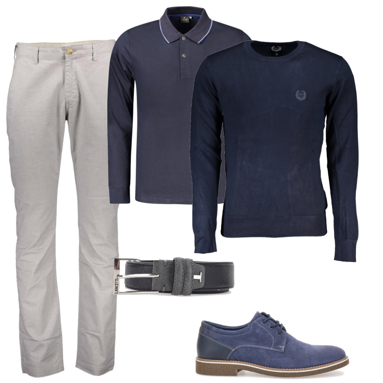 Outfit uomo - Grigio e blu. Stile Casual per Tutti i giorni. Abbinamento con scarpe stringate, pantaloni, cinture, maglieria, polo.