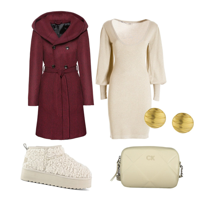 Outfit donna - Shopping. Stile Casual per Serata fuori. Abbinamento con cappotti, vestiti, stivaletti, orecchini, borse a tracolla.