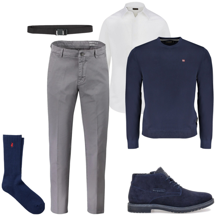 Outfit uomo - Total look #2014909. Stile Casual per Ufficio. Abbinamento con cinture, calzini, camicie, maglieria, scarpe stringate, pantaloni.