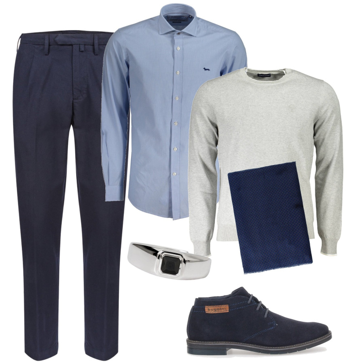 Outfit uomo - Aperitivo con gli amici. Stile Business/Elegante per Serata speciale. Abbinamento con anelli, sciarpe e foulard, scarpe stringate, maglieria, camicie, pantaloni.