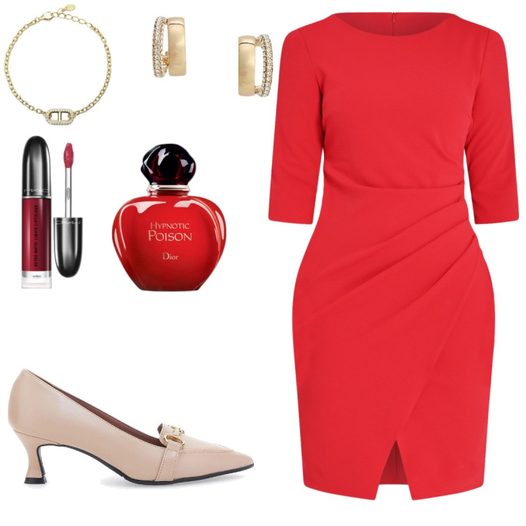 Outfit donna - Natale. Stile Bon Ton per Serata fuori. Abbinamento con profumi, rossetti, braccialetti, vestiti a tubino, orecchini, décolleté.