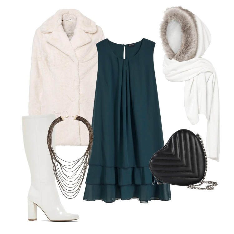 Outfit donna - Party night. Stile Glamour per Serata fuori. Abbinamento con borse a tracolla, vestiti, sciarpe, stivali, ecopellicce, collane.