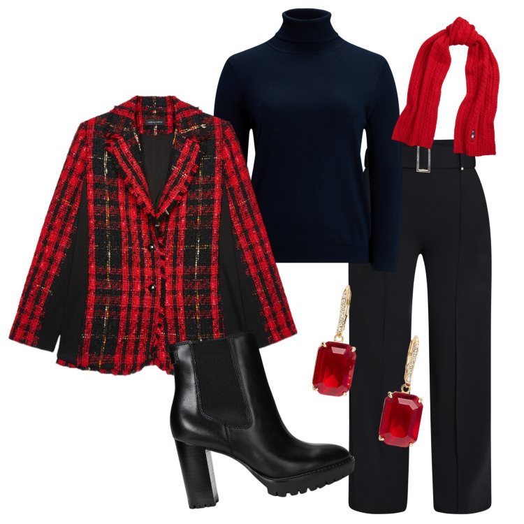 Outfit donna - Look Power casual. Stile Casual chic per Ufficio. Abbinamento con pantaloni, sciarpe, stivaletti chelsea, maglieria, orecchini, blazer.