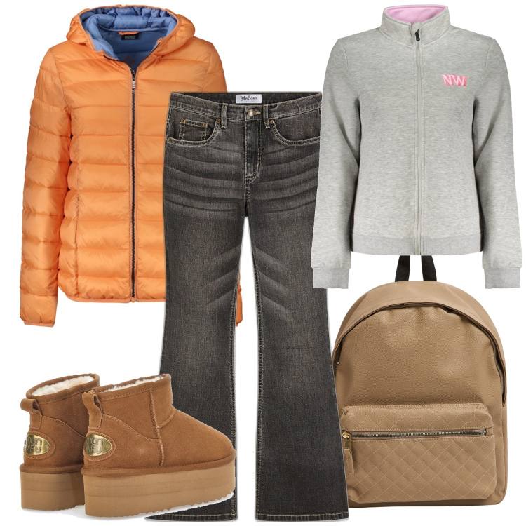 Outfit donna - Stivaletti imbottiti. Stile Sporty chic per Tutti i giorni. Abbinamento con jeans a zampa, zaini, stivaletti, felpe, blazer.