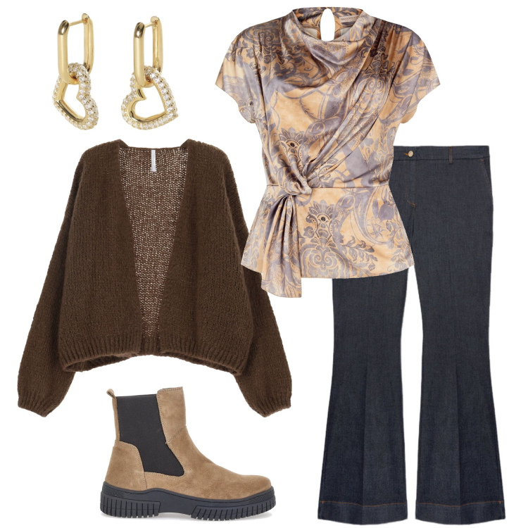 Outfit donna - Il look di oggi. Stile Casual per Tutti i giorni. Abbinamento con orecchini, bluse, cardigans, stivaletti chelsea, jeans a zampa.